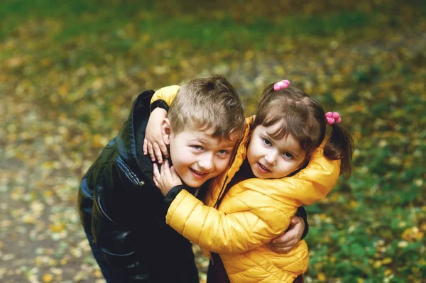 Брат и сестра гуляют в осеннем парке — стоковое фото