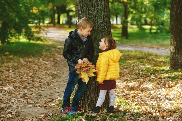 Frère et sœur marchant dans un parc d'automne — Photo