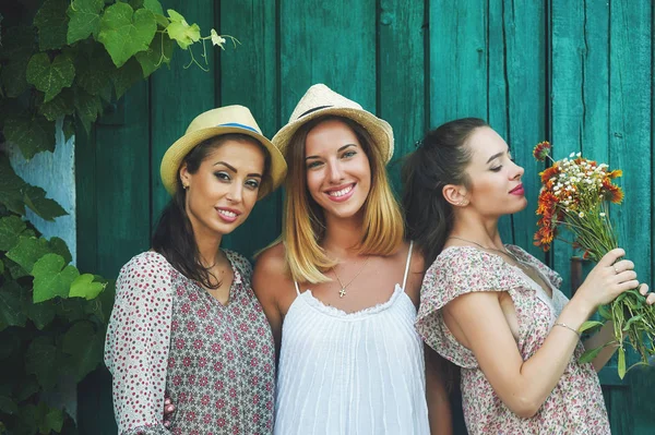 Hermosas chicas en ropa de verano posan frente al campo —  Fotos de Stock