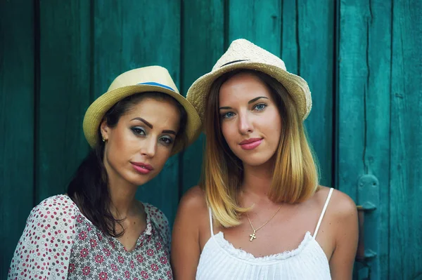 Schöne Mädchen in Sommerkleidung posieren vor der Landschaft — Stockfoto