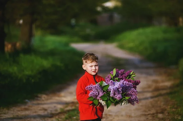 Portrait of a boy with a bouquet of lilacs . Dressed child holding a bouquet of flowers of lilac