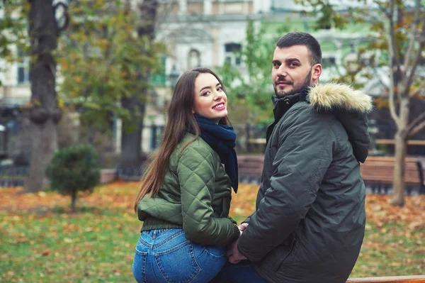 Young romantic couple in the city . A couple in love