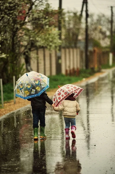 Children walking on a rainy day .Brother and sister on a rainy day