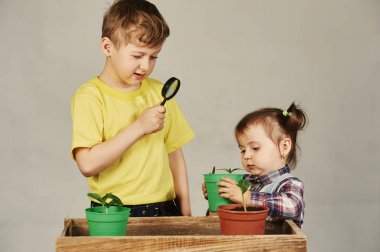 Çocukların güzel bitkiler nakledilmektedir. Bahçe kardeş nişanlı