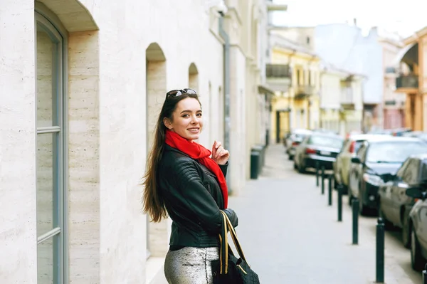 Portrait Young Beautiful Woman Girl Posing Streets European City Model — Stock Photo, Image