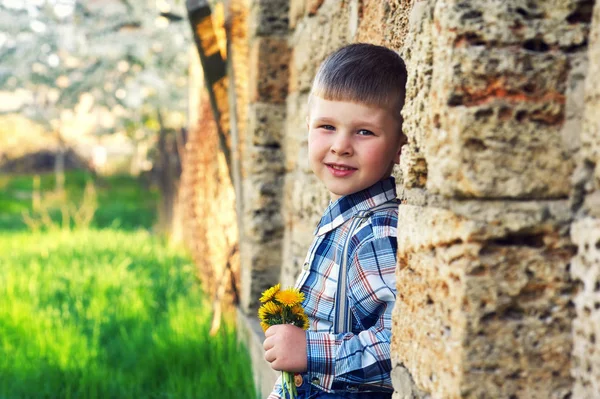 小男孩捧着蒲公英的花朵 时尚婴儿冒充摄影师 — 图库照片
