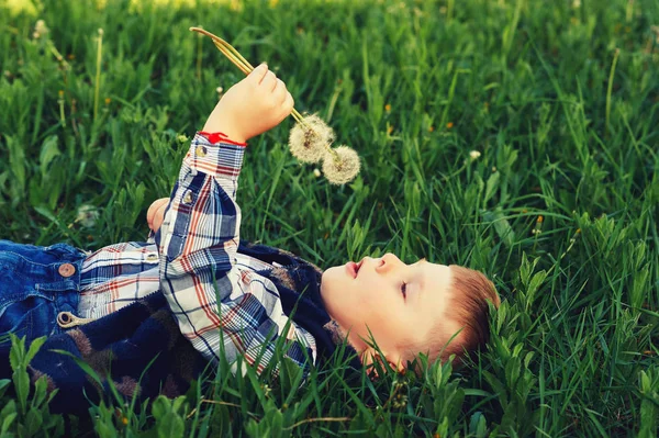 Ein Kleiner Junge Der Sich Auf Das Gras Legt Hält — Stockfoto