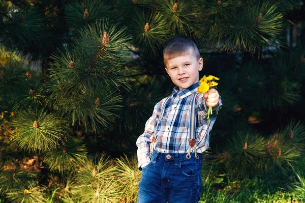 Модний Хлопчик Дитина Тримає Квіти Кульбаби — стокове фото