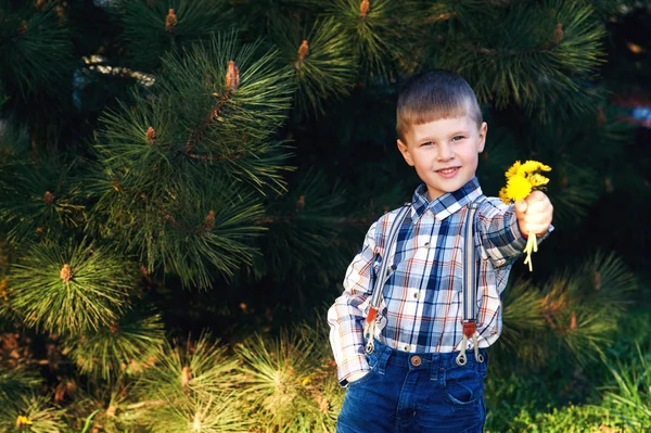 时髦的小男孩 孩子捧着蒲公英的花朵 — 图库照片