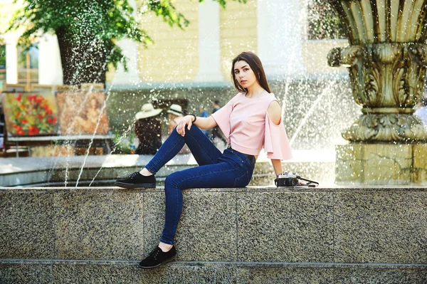 Portrait Young Girl City Girl Jeans Blouse Streets — Stock Photo, Image