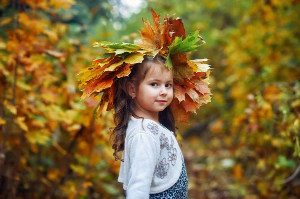 Retrato Uma Menina Outono Park Uma Menina Com Uma Coroa — Fotografia de Stock