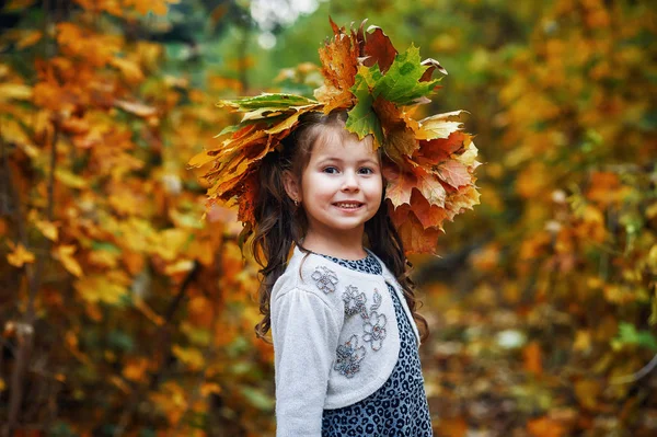 Retrato Uma Menina Outono Park Uma Menina Com Uma Coroa — Fotografia de Stock