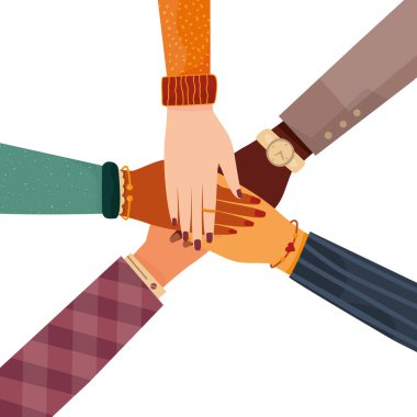 Modern vector illustration of international team building. Concept of team work. Multinational and different sexual orientation people. Business partners with stack of hands