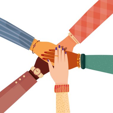Modern vector illustration of international team building. Concept of team work. Multinational and different sexual orientation people. Business partners with stack of hands