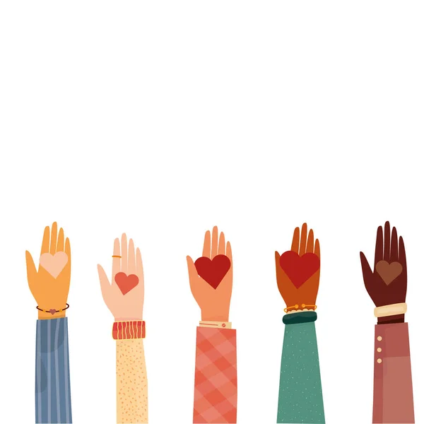 Ilustração vetorial moderna de caridade e doação. Mãos com um símbolo de coração. para a atividade social. Pessoas internacionais dão corações e amor . — Vetor de Stock