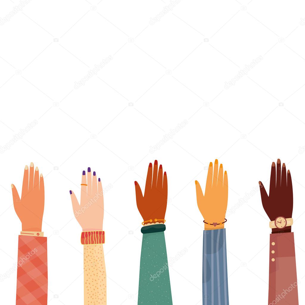 Modern vector illustration of raised human hands Multinational and different sexual orientation people. Concept of volunteering and voting.