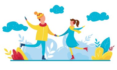 Noel tatillerinde açık hava etkinliklerinin yer aldığı kış mevsiminin modern vektör çizimi. Halk karakterleri aile buz pateni.