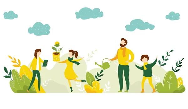 Concepto de ecología. La gente se preocupa por la ecología planetaria. Proteger la naturaleza y la ecología bandera. Día de la Tierra. Plantas familiares en el parque de la ciudad. Ilustración vectorial — Vector de stock