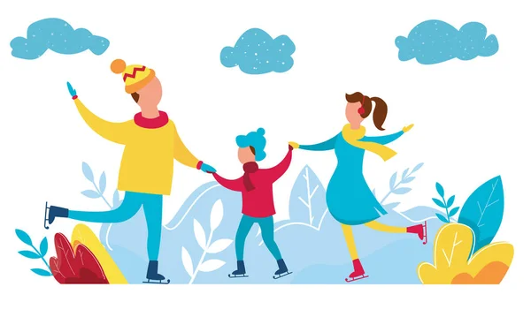 Moderna ilustración vectorial de la temporada de invierno con vacaciones de Navidad actividades al aire libre. Personas personajes familia patinaje sobre hielo . — Vector de stock
