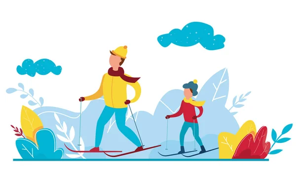 Moderna ilustración vectorial de la temporada de invierno con vacaciones de Navidad actividades al aire libre. Jinetes de esquí de dibujos animados. Viaje de esquí familiar . — Vector de stock