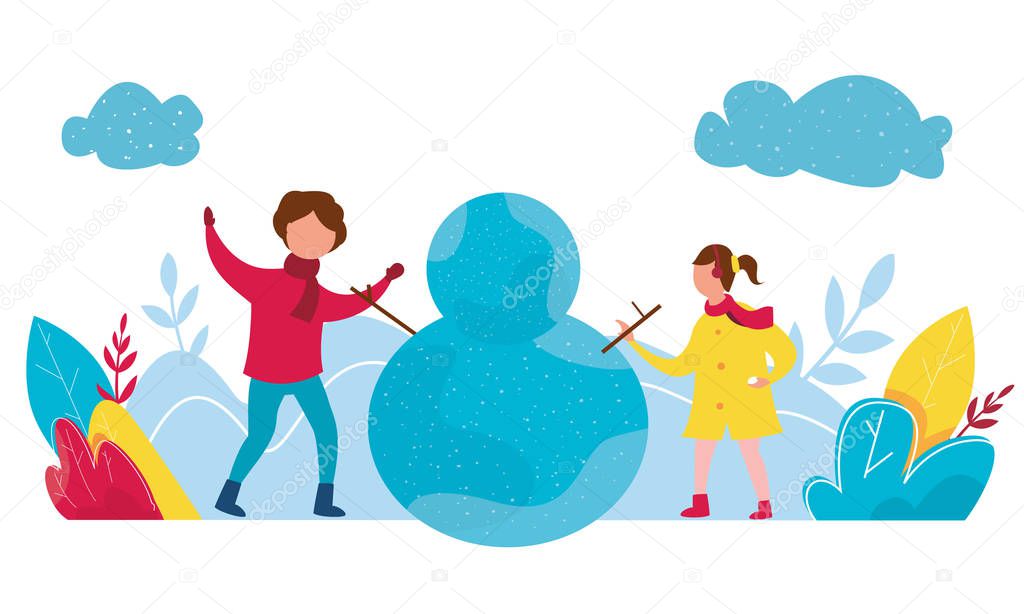 Modern vector illustration of winter season featuring Christmas holidays outdoor activities. People dressed in winter clothes Making Snowman and having fun.