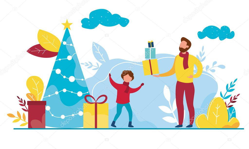 Modern vector illustration of preparing for the New Year. Decorating the Christmas tree, buying presents. Winter family holidays.