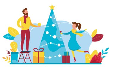 Yeni yıla hazırlanmanın modern vektör çizimi. Noel ağacını süslemek, hediyeler almak. Kış aile tatilleri.