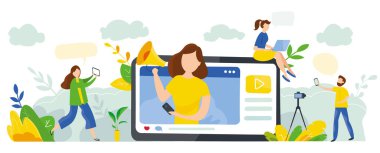 Yaratıcı blog yazmanın modern vektör illüstrasyonu. İçerik yönetimi kavramı ve sevimli karakterlerle iç içe olma kavramı. Blogger web, afiş ve sunum içeriği reklamları yapıyor.