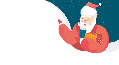 Noel hediyeli ve boş büyük tabelası olan sevimli Noel Baba 'nın modern vektör çizimi. Mutlu Noeller ve mutlu yıllar. Kartpostal afişi ve internet için tebrik kartı..