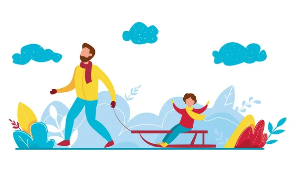 Moderna ilustración vectorial de la temporada de invierno con vacaciones de Navidad actividades al aire libre. Niños montando trineo diapositiva — Vector de stock