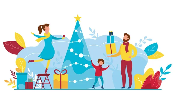 Ilustración vectorial moderna de la preparación para el Año Nuevo. Decorar el árbol de Navidad, comprar regalos. Vacaciones familiares de invierno . — Vector de stock
