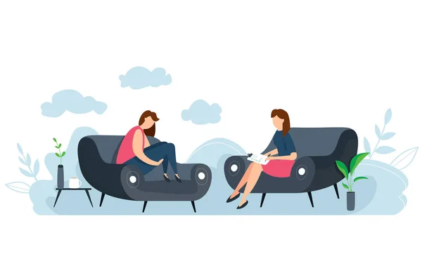 Modern vector illustration of Psychotherapy. Woman psychologist and crying and sad woman patient. Sitting on sofa. Mental health concept. — Stock Vector