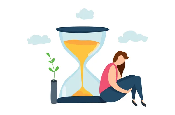 Modern vector illustration of sadness woman sitting near hourglass. Concept of lifetime. Cycle of life. Aging. Depression. — 스톡 벡터