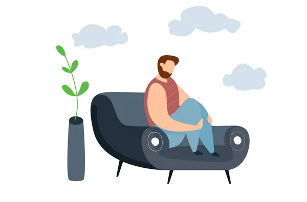 Ilustración vectorial moderna de un hombre miserable, triste e infeliz sentado en el sofá. Concepto de depresión, problemas y problemas psicológicos — Vector de stock