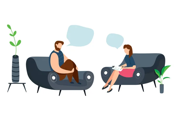 Modern vector illustration of Psychotherapy. Woman psychologist and crying and sad man patient. Sitting on sofa. Mental health concept. — 스톡 벡터