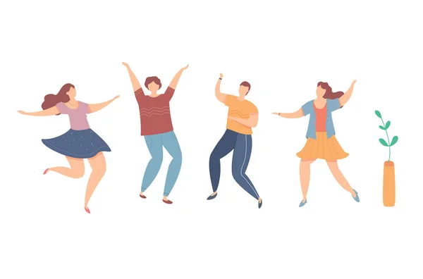 Moderne vectorillustratie van jonge vrolijke dansende mensen. Een stel personages die lol hebben op een feestje. Man en vrouw in trendy kleding. Mannen en vrouwen genieten van evenementen — Stockvector
