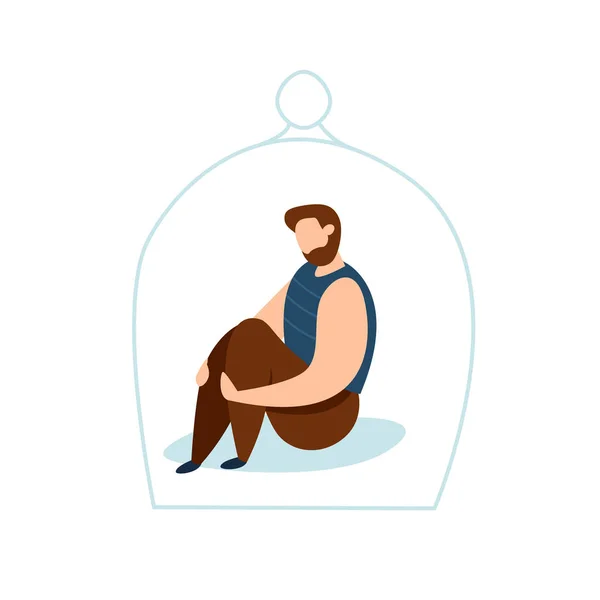 Modern vector illustration of miserable, sad, unhappy man sitting under the glass dome. Concept of depression, trouble and psychological problems. Introversion. — 스톡 벡터