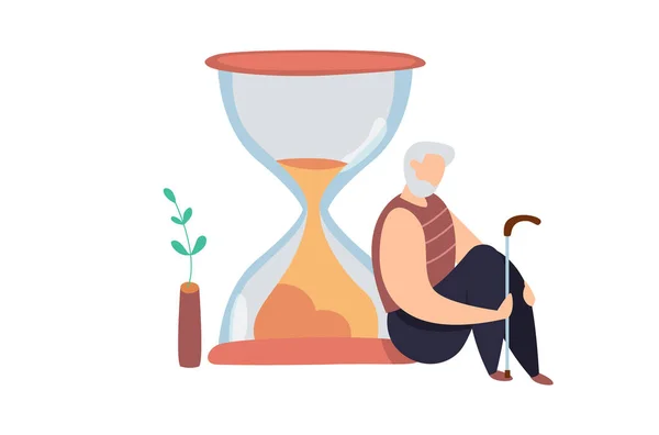 Yaşlı adamın kum saatinin yanında oturduğu modern vektör çizimi. Yaşam süresi kavramı. Yaşam döngüsü. Yaşlanma. Yaşlı bunalımı — Stok Vektör