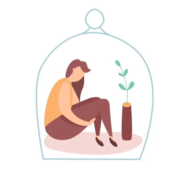 Moderní vektorová ilustrace ubohé, smutné, nešťastné ženy sedící pod skleněnou kupolí. Koncept deprese, potíží a psychologických problémů. Introverze. — Stockový vektor