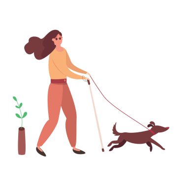 Rehber köpeği olan kör bir kadının modern vektör çizimi. Engelli ve evcil hayvanı olan sağlıklı bir yaya. Sahibi olan yardım köpeği.
