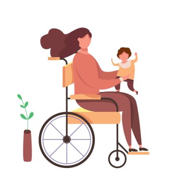 Çocuğuyla birlikte mutlu bir özürlü annesi olan modern vektör çizimi. Tekerlekli sandalyedeki engelli kadın kucağında bebek taşıyor. Aile sevgisi kavramı