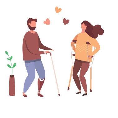 Romantik ilişkiler ve engelli insanlarla evlilik kavramı. Sevgi dolu bir çift engelli erkek ve kadın. İnsan ilişkileri vektör illüstrasyonu