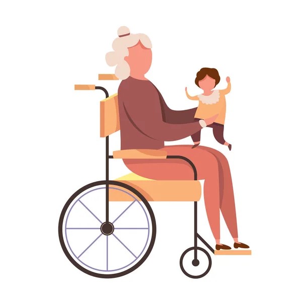 Moderne vector illustratie van Gehandicapte oma met kind vector beelden. Gehandicapte oude vrouw die een baby in zijn armen houdt. Familie liefde concept — Stockvector