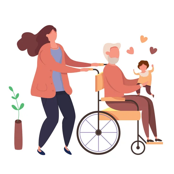 Moderne vectorillustratie van gelukkige familie. Dochter met gehandicapte grootvader in rolstoel met kind op handen. Vrouw met gehandicapte oude man die een baby in zijn armen houdt. Familie liefde concept — Stockvector