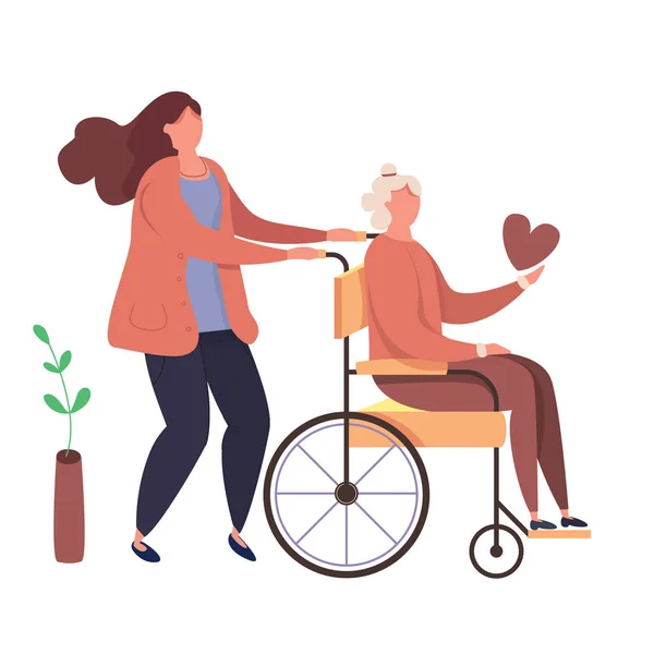 Ilustração vetorial moderna de ajudar pessoas idosas com deficiência. Personagens voluntários com avó deficiente. Filha caminha com a velha mãe deficiente na cadeira de rodas . — Vetor de Stock