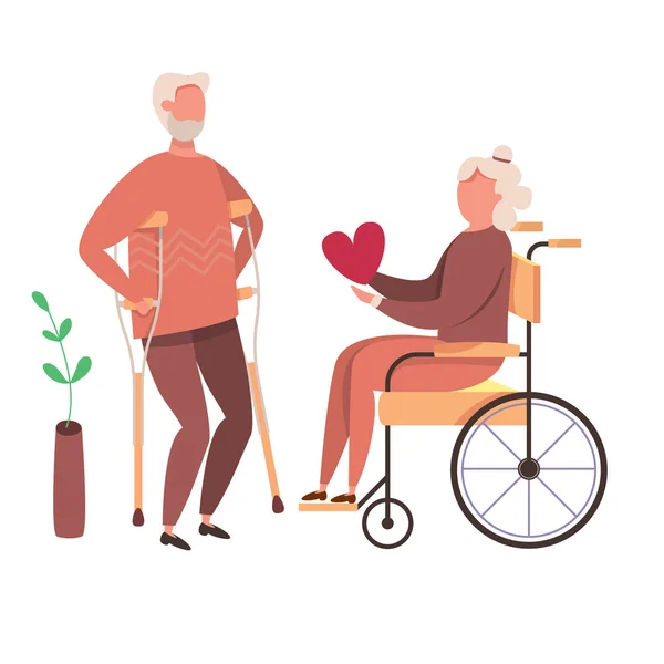 Concepto de relaciones románticas y matrimonio con ancianos discapacitados. Amar a la pareja de ancianos discapacitados Abuelo y Abuela. Vector de relaciones humanas ilustración — Vector de stock