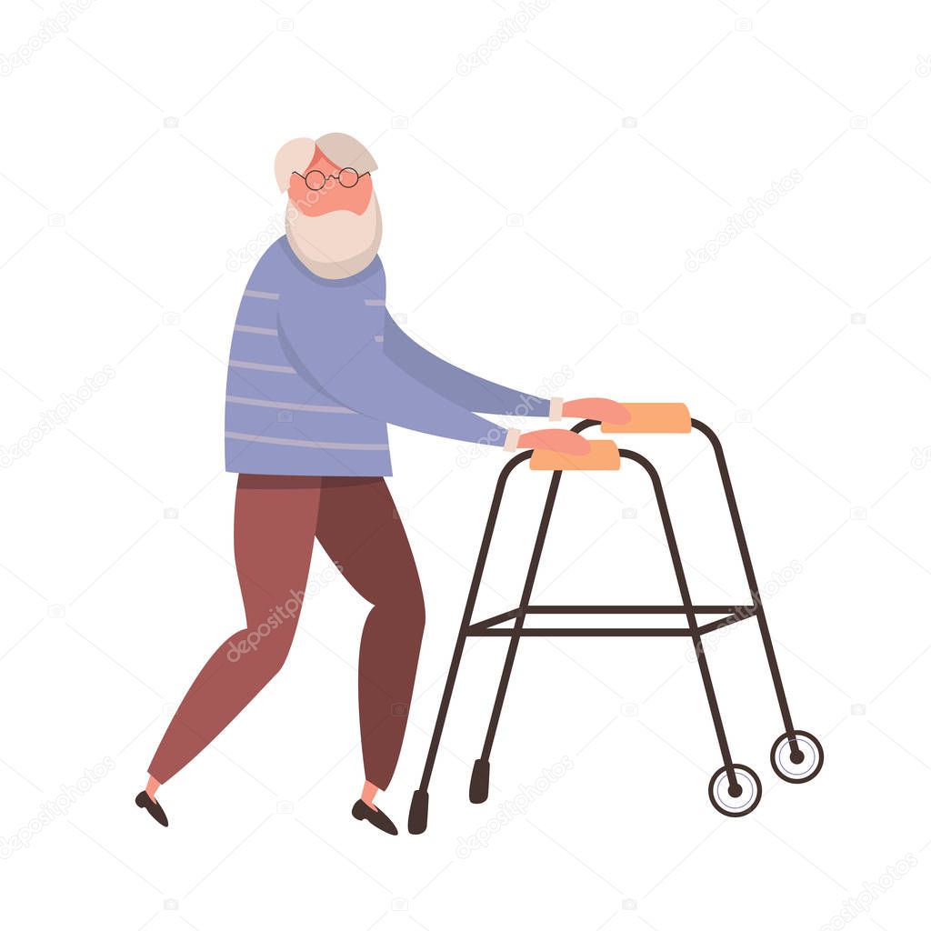 Modern vector illustration of old man. Elderly man with walking cane.