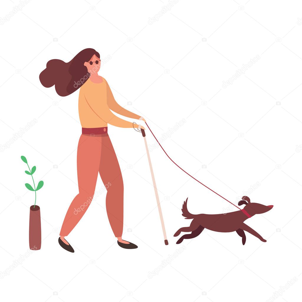 Modern vector illustration of blind woman with guide dog. Disabled and healthy Pedestrian with pet. Assistance dog with owner.