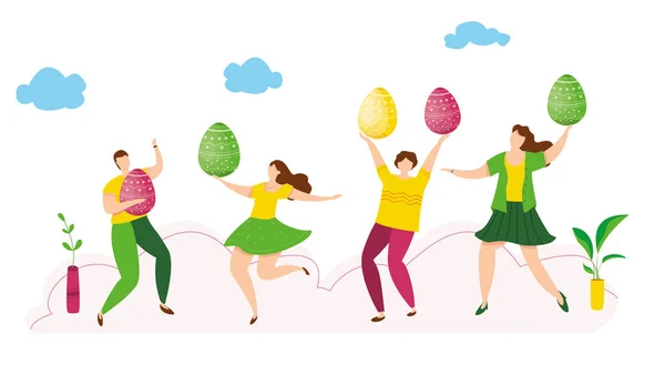 Moderna ilustración vectorial de gente linda y diminuta bailan y celebran con huevos de Pascua. Felices fiestas de abril. Concepto para postal, sitio web . — Vector de stock