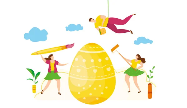 Σύγχρονη διανυσματική απεικόνιση των χαριτωμένων μικροσκοπικών ανθρώπων με βούρτσες και χρώμα διακοσμούν τα αυγά Πάσχα. Άνδρες και γυναίκες χορεύουν και γιορτάζουν το Πάσχα. Καλές γιορτές. Ομαδική εργασία έννοια για κάρτα, ιστοσελίδα — Διανυσματικό Αρχείο